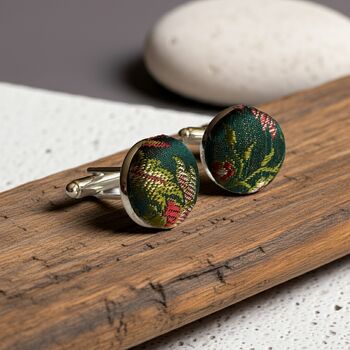 Flower Green Silk Brocade Covered Cufflinks, 2 of 3