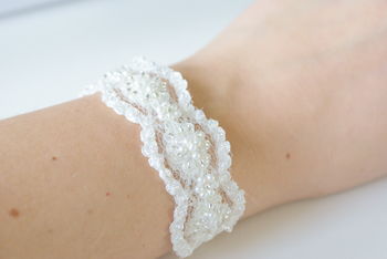 Hand Embellished Beaded Ivory Lace Bridal Bracelet, 6 of 6
