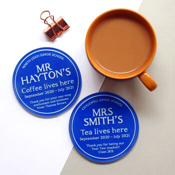 Personalised Blue Plaque Coaster Gift For Teacher, 2 of 5