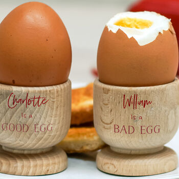 Personalised Good/Bad Egg Wooden Egg Cups, 2 of 2