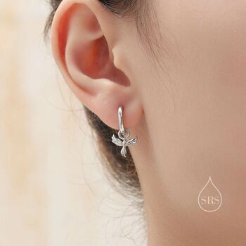 Mismatched Phoenix And Dragon Charm Huggie Hoop Earrings In Sterling Silver, 3 of 12