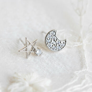 Sterling Silver Moon And Star Stud Earrings In A Box, 3 of 9