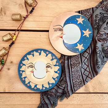 Wooden Celestial Moon And Stars Mini Bohemian Wall Mirrors Set Of Two, 2 of 6