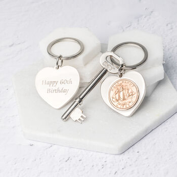 60th Birthday 1964 Half Penny Coin Heart Keyring, 3 of 5