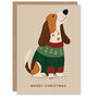 Cute Basset Hound Dog In A Festive Sweater Christmas Card, thumbnail 1 of 4