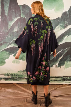 Wisteria And Chrysanthemum Black And Pink Embroidered Long Kimono, 2 of 12
