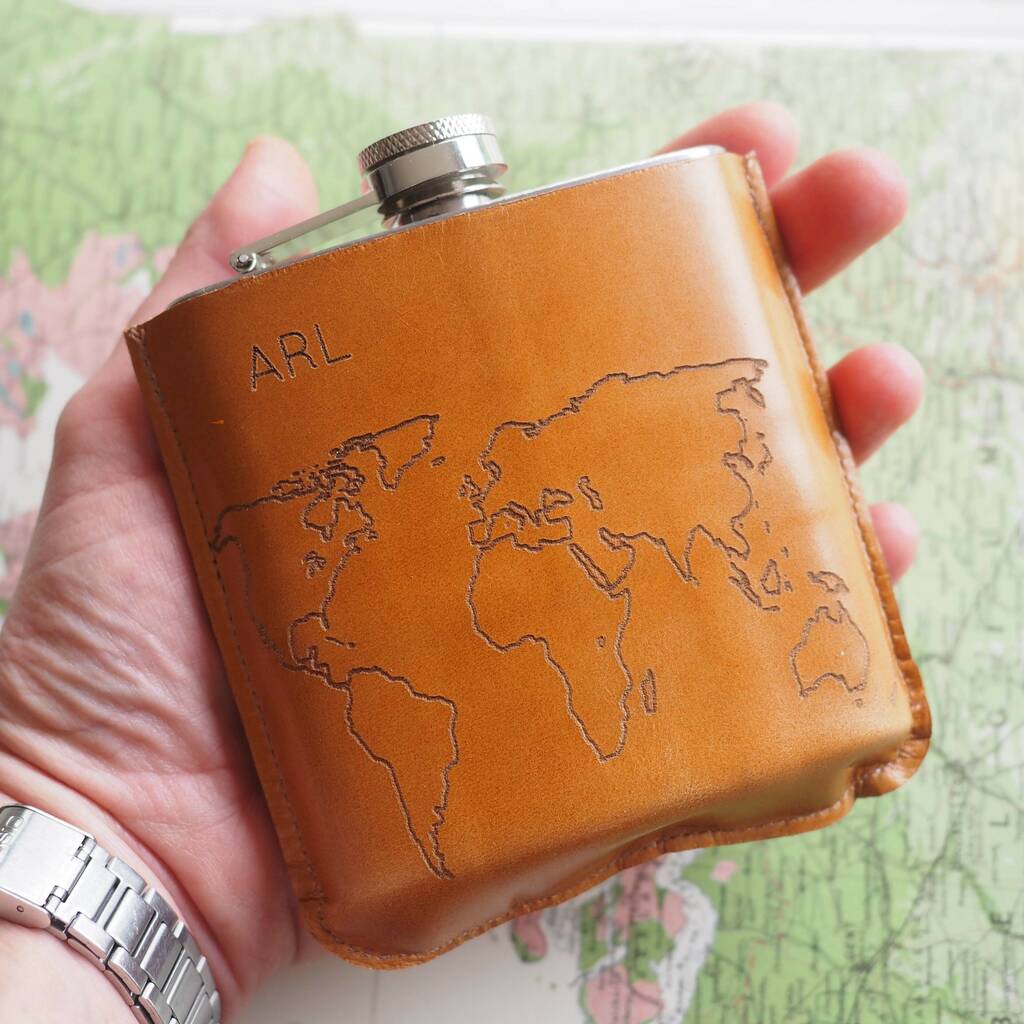 World Map Personalised Leather Hip Flask In Gift Box, 1 of 9