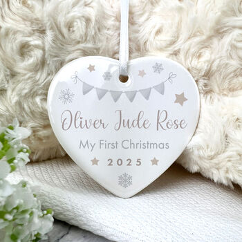 My First Christmas Baby Garland Ceramic Heart Hanging Decoration Bauble+ Gift Box, 3 of 7