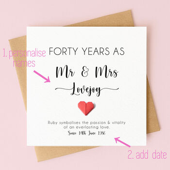 Personalised 40th Wedding Anniversary Card With Ruby Heart, 2 of 5