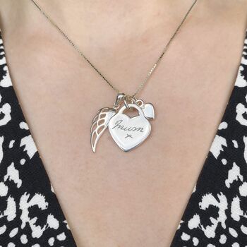 Handwriting Memorial Necklace, Large Heart, Wing, 2 of 5