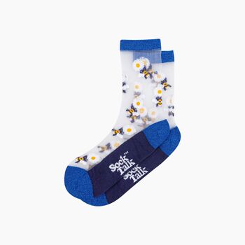 Bees Flowers Combed Cotton Sheer Pop Socks In Blue, 3 of 4