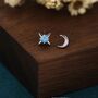 Mismatched Starburst And Moon Stud Earrings In Sterling Silver With Lab Opal, thumbnail 2 of 12