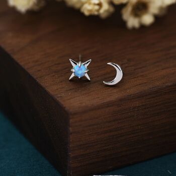 Mismatched Starburst And Moon Stud Earrings In Sterling Silver With Lab Opal, 2 of 12
