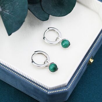 Sterling Silver Dangling Malachite Hoop Earrings, 6 of 12