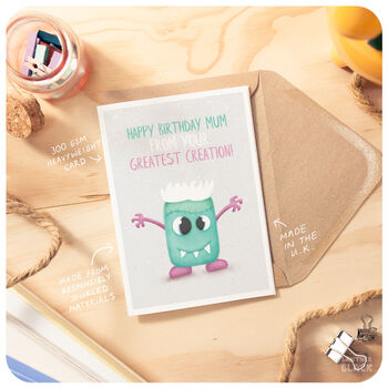 Greatest Creation Cute Funny Happy Birthday Mum Card Monster For Mum Mummy Mother From Son Daughter Child, 3 of 4