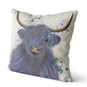 Highland Cow In Blue Decorative Cushion, 2 of 3