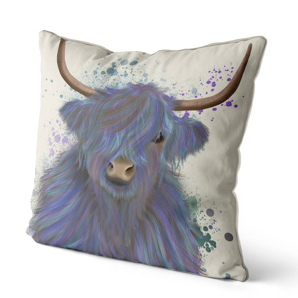 Highland Cow In Blue Decorative Cushion By FabFunky Home Decor ...