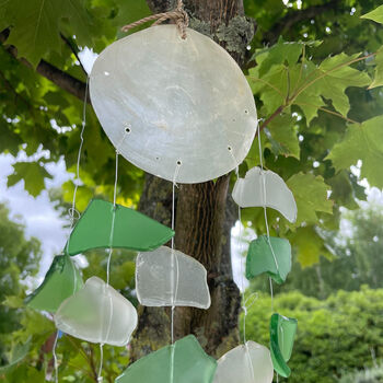 Shell And Glass Wind Chime Green And White, 2 of 7