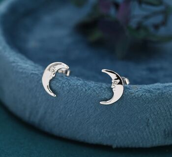 Cute Moon Face Stud Earrings In Sterling Silver, 2 of 10