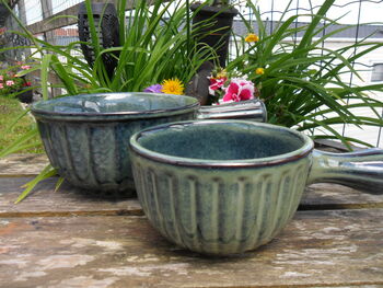 Set Of Two Reactive Glaze Handled Brûlée Bowls In Mist, 5 of 10