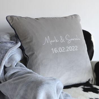 Personalised Wedding Silver Embroidery Velvet Cushion, 3 of 6