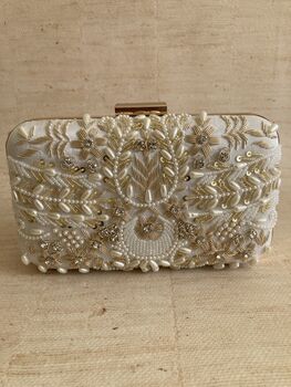 White Handcrafted Rectangular Pearl Clutch Bag, 3 of 10