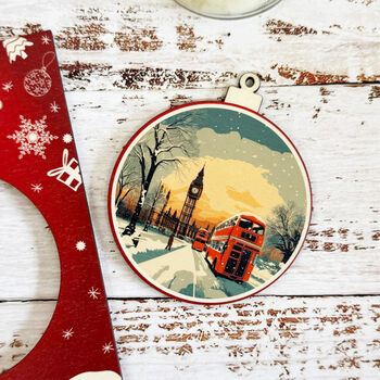 Personalised Red London Christmas Keepsake Card And Bauble Set, 3 of 5