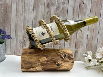Teak Driftwood Metal Rope Wine Bottle Holder Freestanding – Single Bottle Tilt, 3 of 9