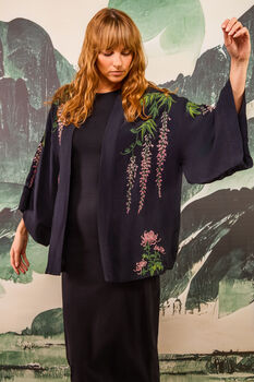 Wisteria And Chrysanthemum Black And Pink Embroidered Short Kimono, 4 of 7