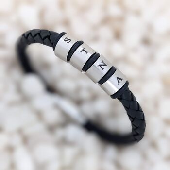 Mens Leather Bracelet With Stainless Steel Name Beads, 2 of 5