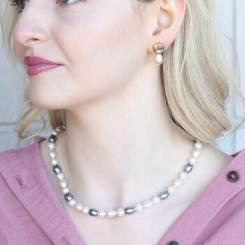 Large White Grey Round Oval Pearl Necklace And Earring Set, 2 of 8