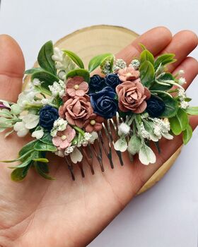 Dusky Pink And Navy Flower Hair Comb, 2 of 4