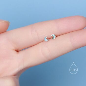 Extra Tiny Opal Moon Stud Earrings In Sterling Silver, 3 of 11