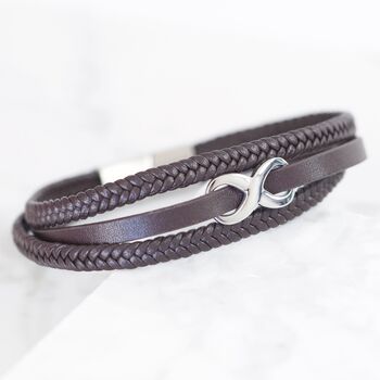Men's Brown Leather Stainless Steel Infinity Bracelet, 2 of 7