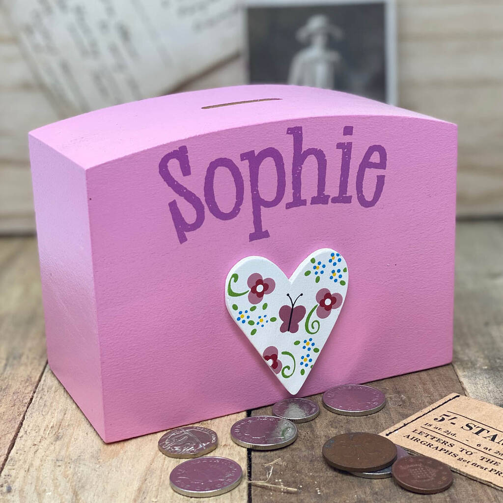 Personalised Money Box Butterfly Heart, 1 of 3