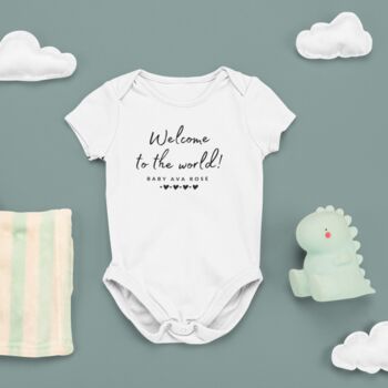 'Welcome To The World' Personalised Babygrow, 2 of 3