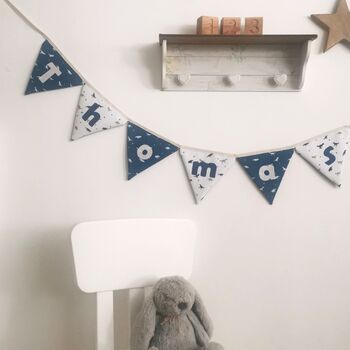 Dinosaur Bunting, Personalised Baby Name, White, Navy Blue, 9 of 11