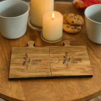 Personalised Wooden Jigsaw Engraved Coasters With Leaf Set Of Two, 4 of 4
