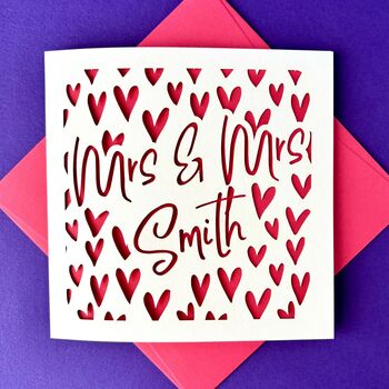 Papercut Hearts Mrs And Mrs Personalised Wedding Card, 3 of 5