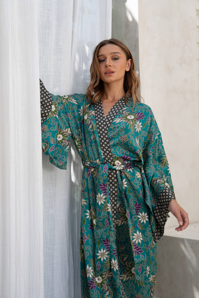 Satin Silky Turquoise Full Length Kimono Robe, 1 of 9