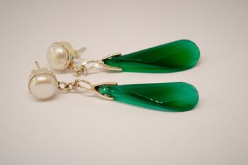 Green Onyx, Pearl Sterling Silver Earrings, 2 of 4