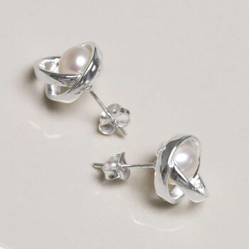 Sterling Silver Designer Round Pearl Studs, 8 of 10
