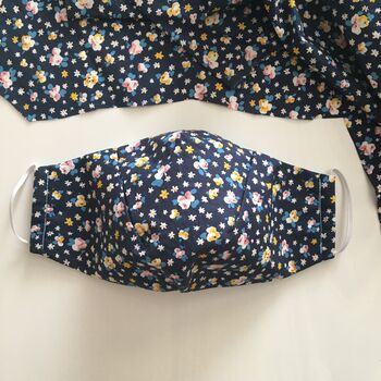 Upcycled Navy Floral Cotton Silk Lined Face Mask, 2 of 12