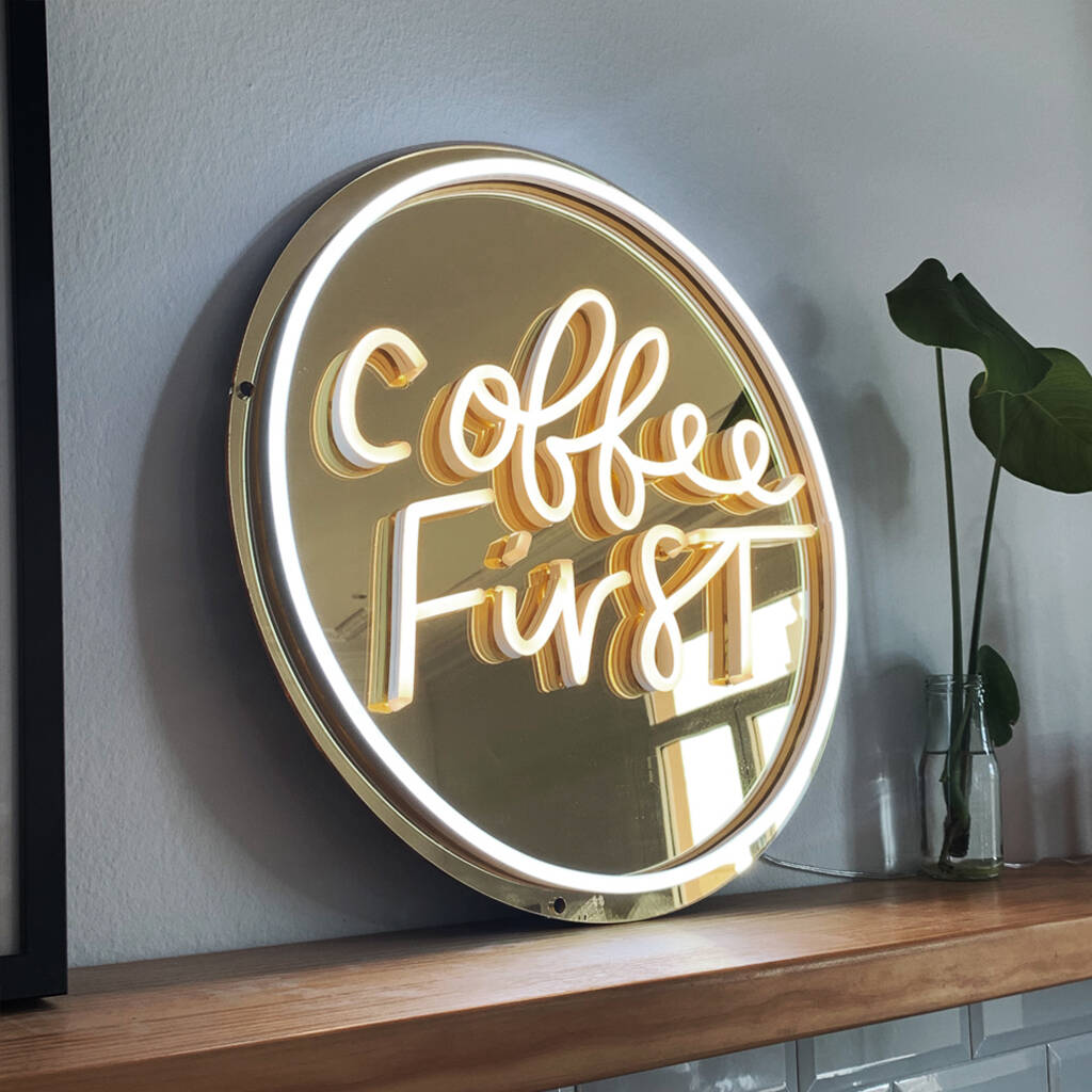 Coffee First Neon LED Sign On Gold Acrylic, 1 of 5