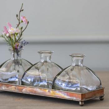 Copper Tray With Three Glass Bottle Vases, 2 of 3