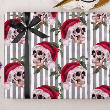 Three Sheets Of Gothic Santa Skull And Stripes Christmas Wrapping Paper, 2 of 2