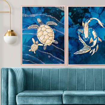 Gold Blue Alcohol Ink Turtle Wall Art Print, 2 of 4