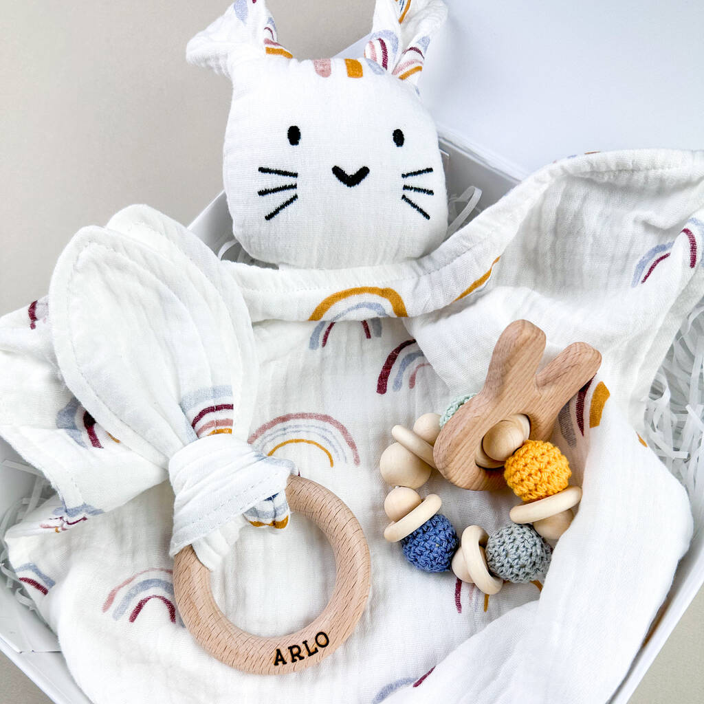 Rainbow Bunny Muslin New Baby Gift Set In Keepsake Box, 1 of 8
