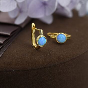 Sterling Silver Blue Opal Huggie Hoop Earrings, 6 of 11