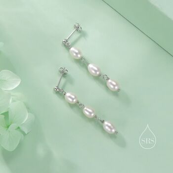 Sterling Silver Genuine Freshwater Pearl Trio Drop Earrings, 6 of 11